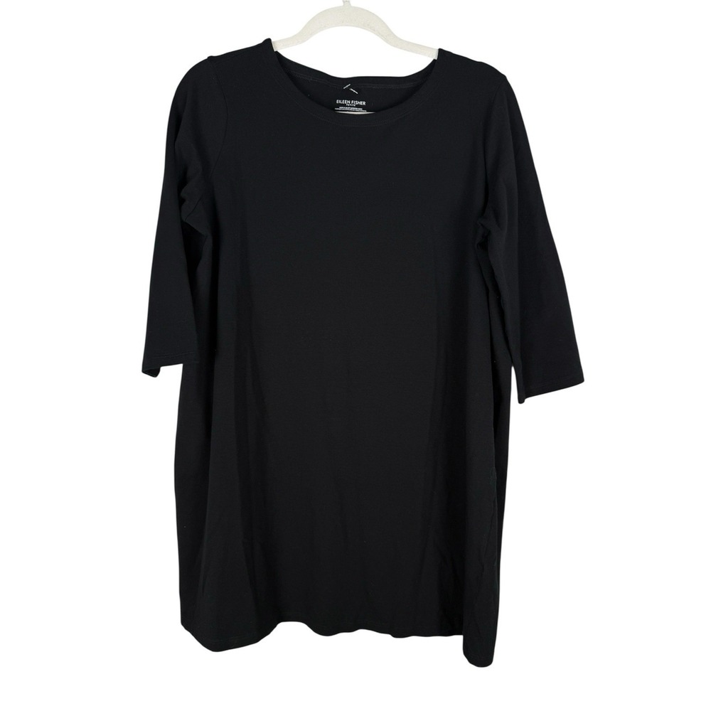 Eileen Fisher 3/4 Sleeve Tunic Top Women's PL Minimalist Black Crew Neck Organic